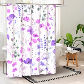 QiyI Watercolor Floral Shower Curtain, Flowers Leaves Spring Bathroom Curtain, Wildflowers Home Décor Machine Washable Bath Curtain, Purple Waterproof Fabric Shower Curtain Set with Hooks, 72x72
