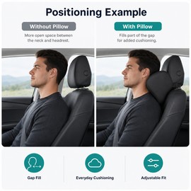 Memory Foam Car Neck Pillow with Adjustable Headrest Strap, Removable Mesh Cover, Black