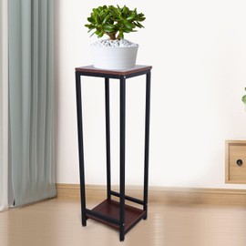 Fichiouy Iron & Wood Plant Stand Flower Floor Stand Display Shelf, 2 Layers Holder Pot Plant Storage Shelf Corner Home Decor Black&Brown