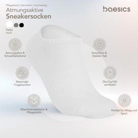 Baesics Sneaker Socks (Set of 6) Unisex, No Slipping, Breathable, Anti-Sweat Stripes, Short Socks for Any Shoe, ÖkoTex100, 6x White, 35 - 38