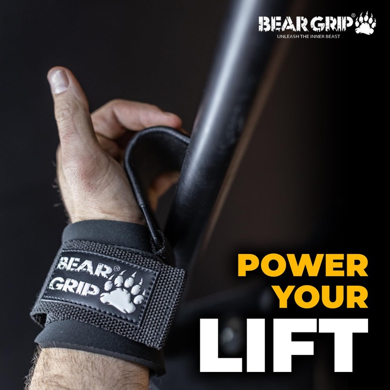 BEAR GRIP Weight Lifting Hooks, Non-Slip Rubberised Grips (Black)