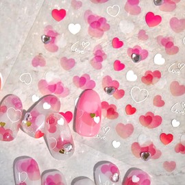 Valentines 5D Embossed Nail Art Stickers Self Adhesive Glitter Heart Charms Nail Stickers Romantic Pink Bow Nail Decals Cute White Red Heart Sliders Nail Art Valentine's Day Nail Decals for Women DIY