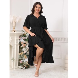CICIDUDU Plus Size Formal Wedding Guest Cocktail Dresses for Curvy Women Maxi Dress Wrap V Neck Short Sleeve Black