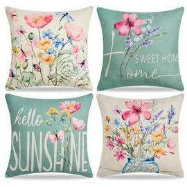 Voreppy Floral Cushion Covers 45 x 45 cm Waterproof Outdoor Garden Cushion Pillowcase Sage Green Outdoor Pink Butterfly Leaves Decorative Pillow Covers for Garden Sofa Couch Bed Set of 4