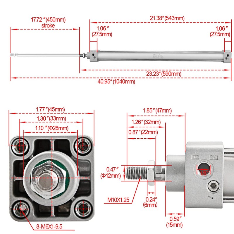 Heschen Pneumatic Standard Cylinder SC 32-450, PT1/8'' Port, 32mm Bore,