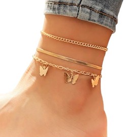 Prosy Beach Layered Butterfly Anklet Gold Ankle Bracelets Chain Foot Jewellery Adjustable for Women Girls