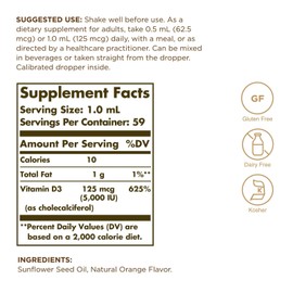 Solgar Liquid Vitamin D3 125 mcg 5000 IU 2 Ounce Immune Support Bone Health