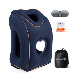 Sunany Travel Pillow, Upgraded Plane Pillow for Long Flights, Inflatable Neck Pillow Used for Airplanes,Cars,Buses,Trains,Office Napping with Eye Mask,Earplugs (Blue)