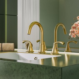 Phiestina Brushed Gold Farmhouse Rotatable Bathroom Faucet - 8 Inch Widespread 3-Hole with Pull-Out Sprayer, Lead-Free Stainless Steel, Metal Pop-Up Drain, Water Supply Lines, 2 Handles,WFJC180CL-BG