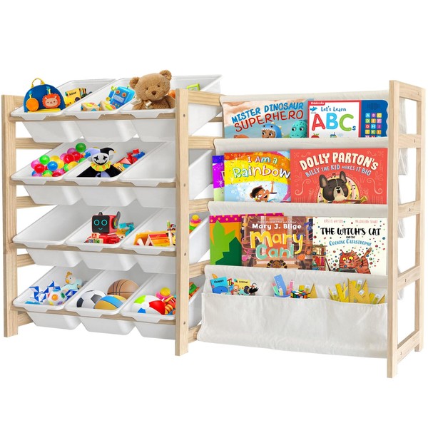 EXPERLAM Toy Storage Organizer with Bookshelf - 12 Storage Bins 4-Tier Multipurpose Shelf to Organize Toys and Books for Kids Room, Playroom, Nursery Room, White