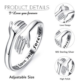 Kakonia 925 Sterling Silver Hug Ring for Women Adjustable Hugging Hands Open Love Promise Friendship Ring