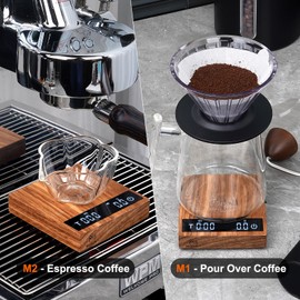 MUVNA Mini Wooden Coffee Scale with Timer - 0.3g/2kg Weighing Digital Espresso Scale Auto Timer & Ratio 3 Modes for Pour Over, Drip Coffee, Kitchen Weight, LED Display (Wood)