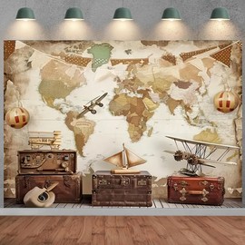 Vintage World Map Photography Background - Adventure Awaits Backdrop - Airplane Travel Kids Party Decor - Baby Shower Party Background (7X5FT)