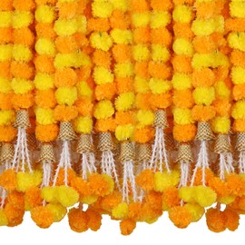 Marubhumi 5 PC 5 Feet Long Strands Artificial Marigold Flowers Garland for Diwali Decor, Garland for Decoration, Diwali Decorations for Home, Christmas Decor Wedding Decor (Yellow/Mango)