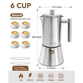 10oz 6 Cup Stovetop Moka Pot Food Grade Stainless Steel