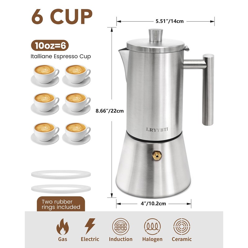10oz 6 Cup Stovetop Moka Pot Food Grade Stainless Steel