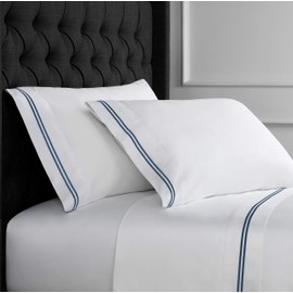 Melange Home 600 Thread Count Sateen 100% Cotton 2 Stripe Embroidery, Twin Sheet Set, Navy on White