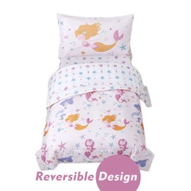 STYHO Mermaid Pattern Bedding Set for Cot Bed Stars Fish Print Toddler Duvet Cover Reversible Light Pink Girls Kids Comforter Cover(Light Pink, Cot Bed)