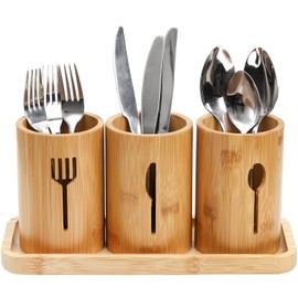 Lyellfe Silverware Holder, Bamboo Utensil Organizer with Tray, Rustic Farmhouse Kitchen Cutlery Flatware Holder Organizer for Spoons, Knives and Forks, Ideal for Kitchen and Restaurant