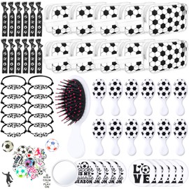 Meanplan 160 Pcs Soccer Party Favors Soccer Team Gifts Set Sports Accessories Include Cosmetic Bags Bracelets Hair Ties Hairbrushes Compact Mirrors Stickers for Sports Party Supplies Decoration