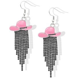 RechicGu Western Cowgirl Enamel Hat Sparkly Rhinestone Tassel Dangle Earrings Prom Country Concerts Cowboy Outfits Rodeo Jewelry Gift for Women,Black Crystal,Silver and Pink Hat