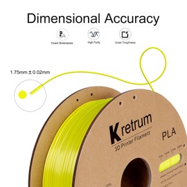 Kretrum PLA 3D Printing Filament 1.75 mm Dimensional Accuracy +/- 0.2 mm 1 KG 2.2 LBS Cardboard Spool Refills for Most FDM 3D Printer fits Bambu Creality FlashForge Anycubic ELEGOO etc. Yellow