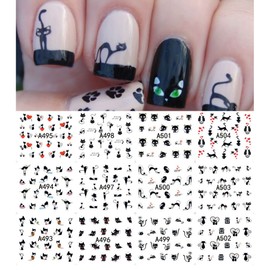 AKOAK 12 Sheets Cute Cat Pattern Watermark Designs Nail Art Stickers Water Transfer Decals Beauty Nails for Nail Art Design