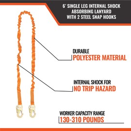 Malta Dynamics 6 Foot Single Leg Internal Shock Absorbing Lanyard with Two Steel Snap Hooks, OSHA/ANSI Compliant