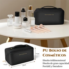 Bolsa de Cosmeticos de Viaje, Cosmetiquera de Piel para Mujeres, Neceser de Viaje Impermeable, Makeup Bag de Gran Capacidad, Bolsa de Maquillaje Portátil, Bolsa de Aseo con Asa (Negro)