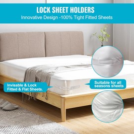 Bed Sheet Holder with Lock Strips Set of 4 – Adjustable Sheet Holders for Bedding, Mattress Corner Clips, Fitted Sheet Clips, Bedsheet Holder Locks to Keep Sheets in Place(White)