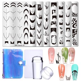 French Tip Nail Stamping Plate- 10 pcs Nail Stamper Kit Silicone Nail Stamper French Nail Stamp with Nail Art Stamps Storage Bag Nail Stamp Template Nail Supplies for Home Salon DIY