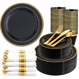 WDF Partyware 350 Pieces Black and Gold Plastic Plates with Disposable Silverware, Include 50 Dinner Plates 9”, 50 Dessert Plates 6.3”, 50 Black Cups 9 OZ, 50 Pre Rolled Napkins for new year