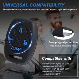 TUTUDOW Silicone Rubber Key Fob Cover Compatible with 2003-2015 Honda Civic SI Hybrid EX Accord CR-V EX SE Pilot Element -Blue