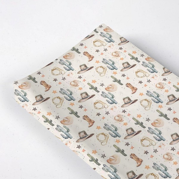 Western Theme Baby Changing Pad Cover,Unisex West Cactus Hats Stars