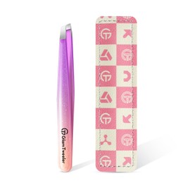 Expert Slant Tip Tweezers with Leather Travel Case, GlamTweeler Sharp & Precision Stainless Steel Tweezer for Eyebrows, Facial Hair and Fine Hairs Removal (Sparkle Violet & Peach)