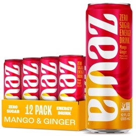 Zevia Zero Sugar Energy Drink, Mango Ginger, 12 oz Cans (12-Pack) – Naturally Sweetened, Zero Calorie Sugar Free Energy - Non-GMO Project Verified, Gluten-Free, Vegan