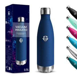 Water Bottle, 500 ml, BPA-Free, Stainless Steel, 18/8 Stainless Steel, Thermos Flask, Double-Walled Vacuum Insulated, Water Bottle Leak-Proof for School, Travel, Jogging, Camping - Dark Blue