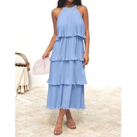 ZESICA Women's 2025 Summer Sleeveless Halter Neck Ruffle Tiered Layed Chiffon Flowy Swing Long Midi Dress,LightBlue,Small