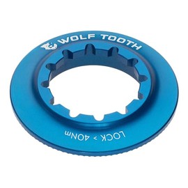 Wolf Tooth: Centerlock Rotor Lockring, Internal Spline Blue, Inner Serration, 0.4 inch (9 mm) QR, Compatible with 0.5 inch (12 mm) Thru Axles