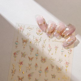 Butterfly Nail Stickers 5D Colorful Nail Decals for Nail Art Gradient Flower Butterfly Gold Line Nails Designs Sticker Spring Summers Acrylic Nail Art Supplies Adhesive Sticker Charms Decorations