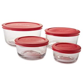 Anchor Hocking Round Glass Food Storage 8pc Set. (Red, Snug Fit Lid)