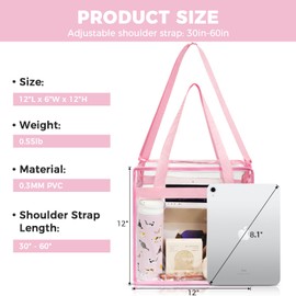 BAGAIL Clear Bags Stadium Approved Clear Tote Bag with Zipper Closure Crossbody Messenger Shoulder Bag with Adjustable Strap(12 Inch X 12 Inch X 6 Inch, Sakura Pink)