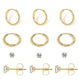 Small Gold Earrings Set for Women, 6 Pairs 14K Gold Plated Huggie Hoop Earrings Tiny Cubic Zirconia Stud Earrings for Earlobe Cartilage Helix Multiple Piercing Hypoallergenic, 14K Gold Plated, No