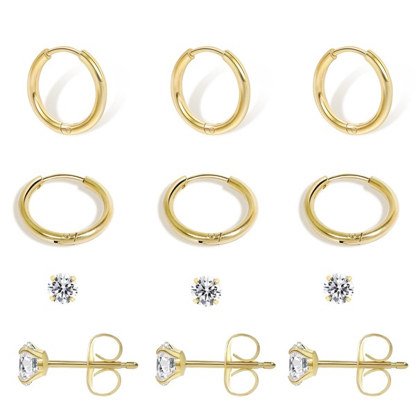 Small Gold Earrings Set for Women, 6 Pairs 14K Gold