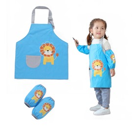 Children's Cooking Apron Set with Pockets and 2 Sleeves Lion Style Waterproof Children's Aprons Sleeves Adjustable Toddler Cooking Apron for Boys Girls Crafts Painting Baking Cooking 2-5 Years, blue