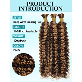 Ombre Highlight Human Braiding Hair for Boho Braids 100g 3 Bundles/Pack 20 Inch Curly Boho Hair for Braiding Knotless 12A Deep Wave Bulk Bohemian Color P4/27