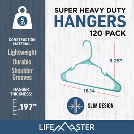 Lifemaster Plastic Clothes Hangers – Heavy Duty Hanger Set, for Organizing Clothes, Dresses, and Coat, Holds Up to 5 lbs, Space-Saving Hangers with Non-Slip Shoulder Grooves, Pack of 120, Aqua