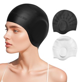 2 Pieces Swimming Caps, Ear Protection, 3D High Elastic Swimming Cap for Men and Women, Waterproof, Fit Long Hair and Short, Adult Swimming Cap for Teenagers, Lightweight Swimming Caps for Women