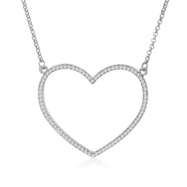 Ouran Rose Gold or Silver Heart Pendant Necklace for Women Long Chain with Crystal for Friends, Silver Plated