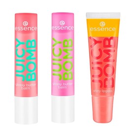 essence - Pack 3 Labiales Brillantes JUICY BOMB: One in a Melon, Time to Pitaya (2.5 g c/u) & Gloss Proud Papaya (10 ml), Labios Hidratados, Voluminosos y Brillantes